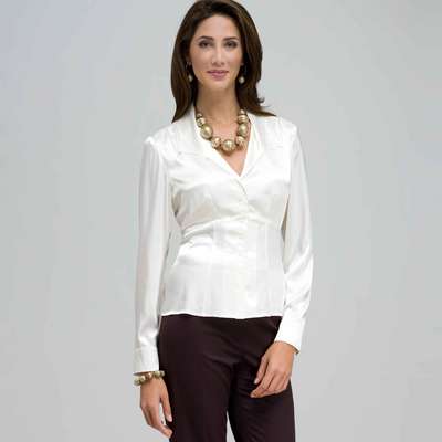 Long Sleeve Seamed Button Front Shirt, Ivory, medium